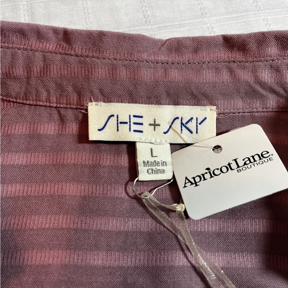 She + Sky Lagenlook Slouchy Oversized Mauve Striped Shirt Johnny Collar NWT L - Picture 5 of 7